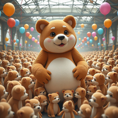 convention of a dog head bear body and an extra bouncy belly creature and 100 clones of it all in a .jpg