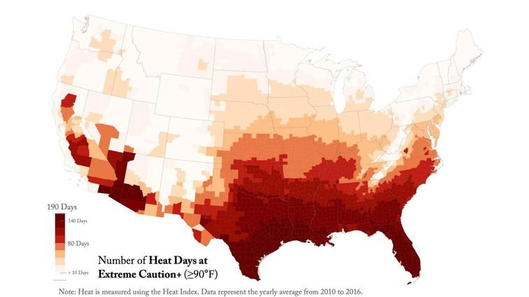 A map of the continental US is shaded from white to deep red to show the number of heat days per year.