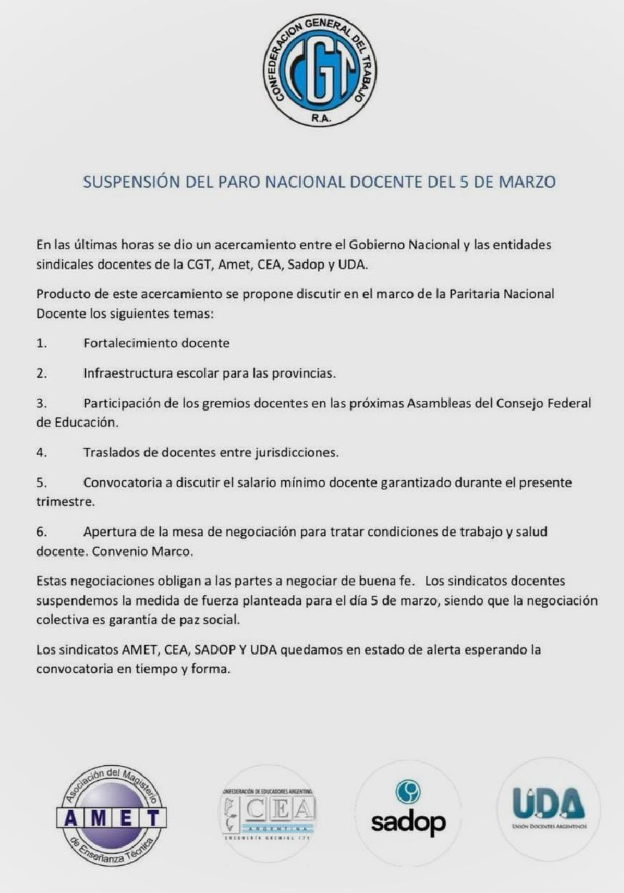 Suspensión del paro nacional docente del 5 de marzo