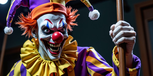creepy clown sinister expression exaggerated features bright red nose sharp teeth messy orange hair .jpg