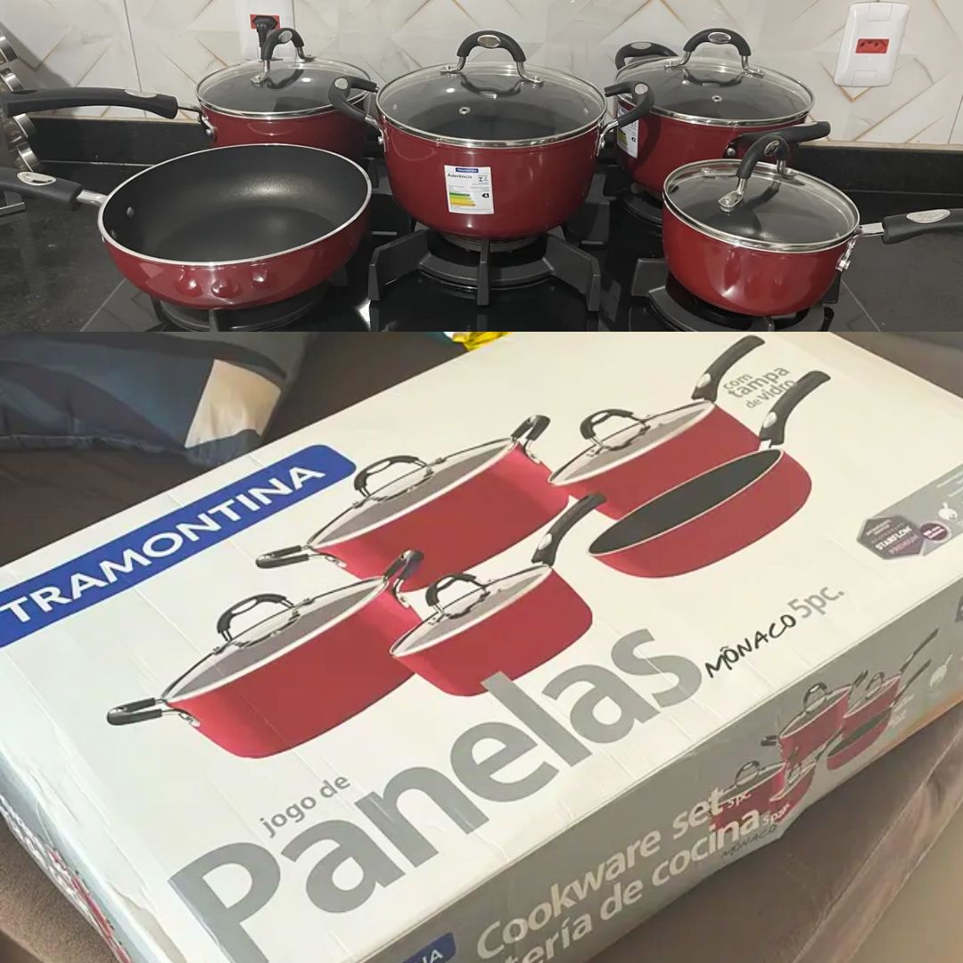 Jogo de Panelas Tramontina Mônaco 5 Peças em Alumínio com Revestimento Interno em Starflon Premium e Externo Siliconado Vermelho