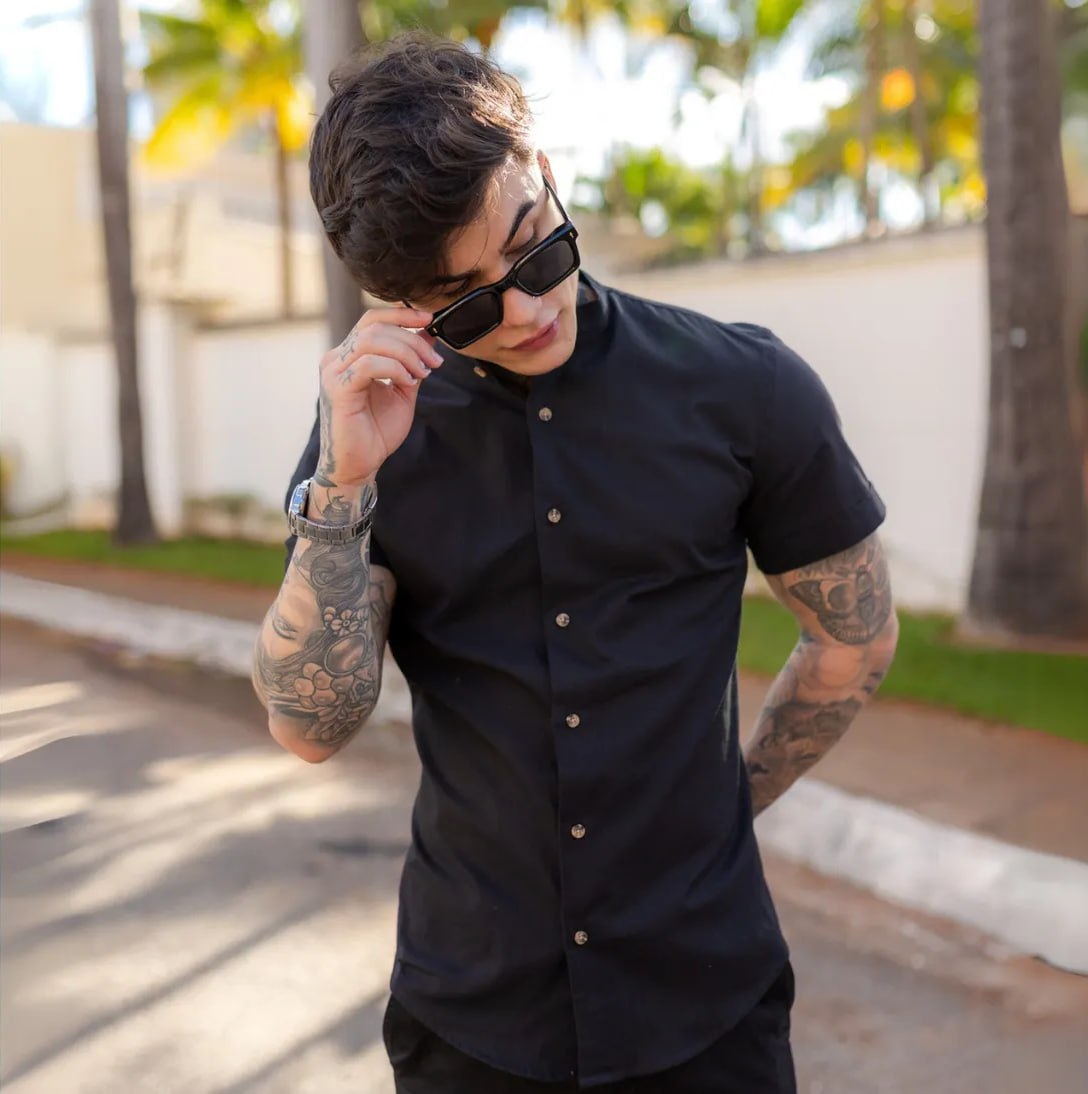 Camisa Social Masculina Manga Curta Gola Padre Slim Premium
