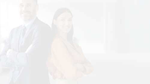 two successful businesspeople standing back back with arms crossed smiling camera posing modern offi.png