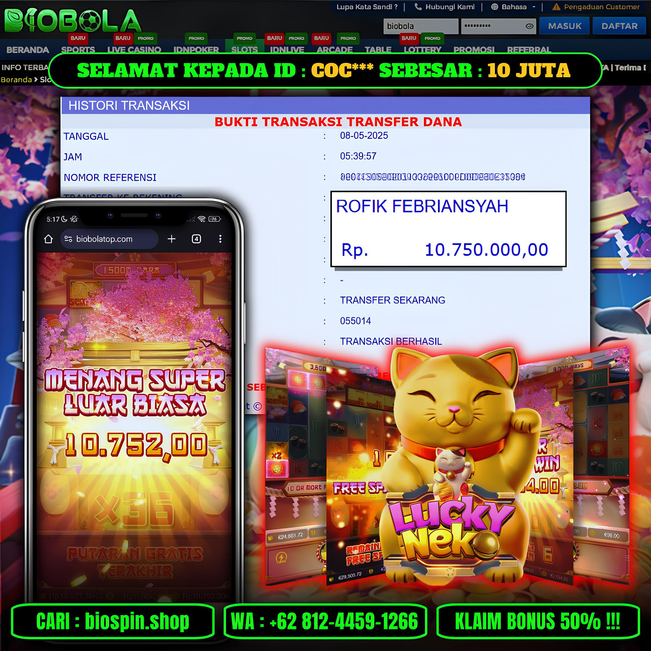 BIOBOLA  - JACKPOT DI GAME LUCKY NEKO SEBESAR RP 10JT DIBAYAR LUNAS