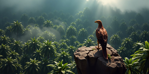 Subject A raptor similar to myself perched atop a high rock outcropping overlooking a dense jungle C.jpg