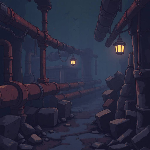 Adorable cute Isekai anime style 2D side scrolling horror game background, rusty pipes and broken co.jpg