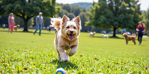 Subject Bouncy dog running and playing in a park tongue out tail wagging Composition Dog in the fore.jpg