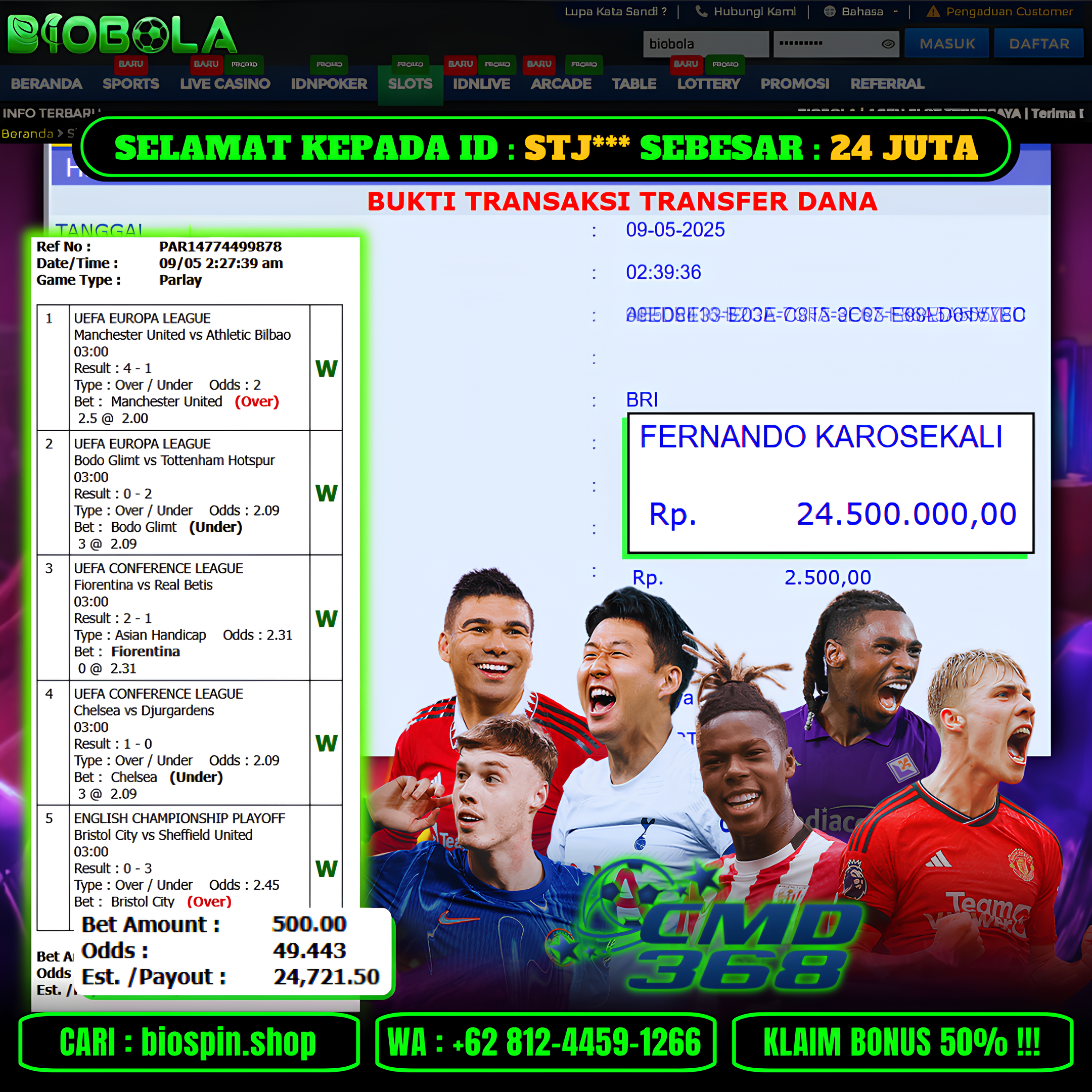 BIOBOLA  - JACKPOT DI GAME SPORTSBOOK CMD 368 SEBESAR RP 24JT DIBAYAR LUNAS