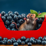 www.naked-ai.art - A red box of blue berries with a rat dancing inside