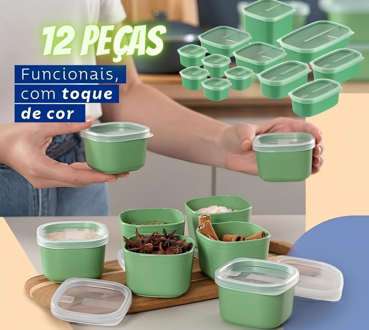 Jogo de Potes Tramontina MixColor em Polipropileno Verde Sálvia com Tampa Transparente 12 Peças