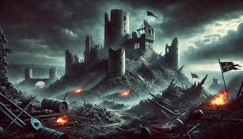 DALL·E 2025 03 10 15.16.53 A ruined medieval fortress stands in a desolate landscape. The once might.png