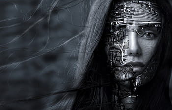 desktop wallpaper look girl face hair robot black and white monochrome section рендеринг robot face .jpg