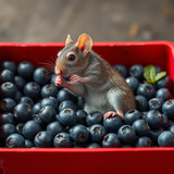 www.naked-ai.art - A red box of blue berries with a rat dancing inside