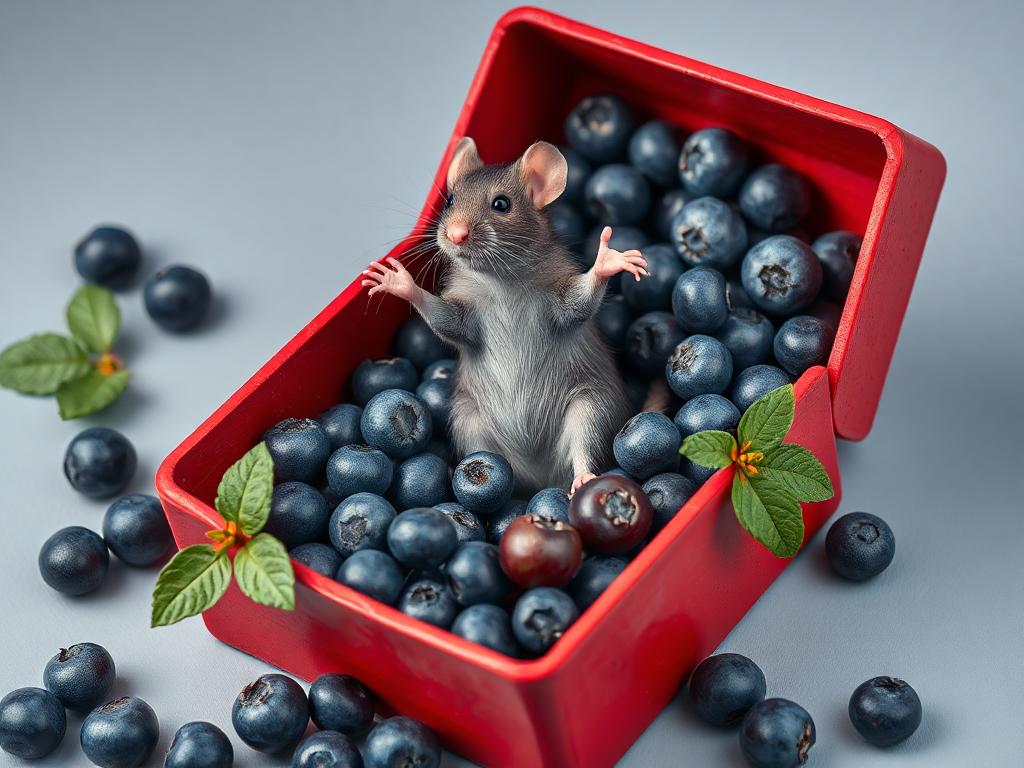 A red box of blue berries with a rat dancing inside