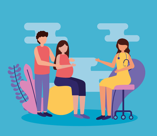 man and woman pregnancy sitting on ball visit doctor maternity scene flat vector illustration.jpg