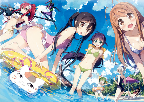 Konachan.com 212672 animal beach bikini cat cat smile clouds dejiko eva 01 group gun k on! kantoku l.jpg