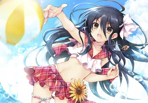 Konachan.com 289933 ball bikini black hair bubbles clouds flowers long hair navel necklace shakugan .jpg