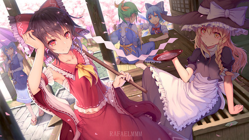 Konachan.com 268211 apron barefoot bow braids cirno fairy flowers gray hair hat miko petals ponytail.jpg