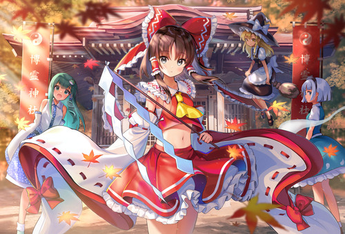 Konachan.com 316317 autumn blue eyes bow brown hair gray hair green eyes green hair hat headband lon.jpg