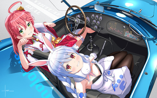 Konachan.com 319741 2girls bell blue hair blush braids bunny ears bunnygirl car garter gloves green .jpg
