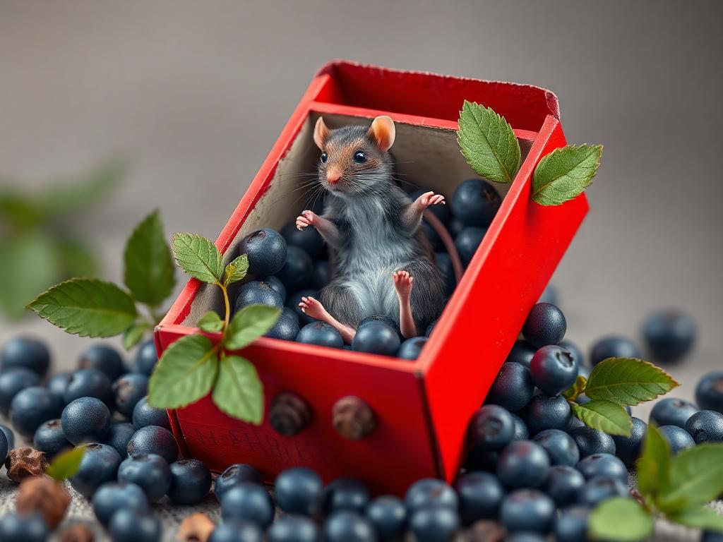 A red box of blue berries with a rat dancing inside