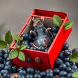 www.naked-ai.art - A red box of blue berries with a rat dancing inside