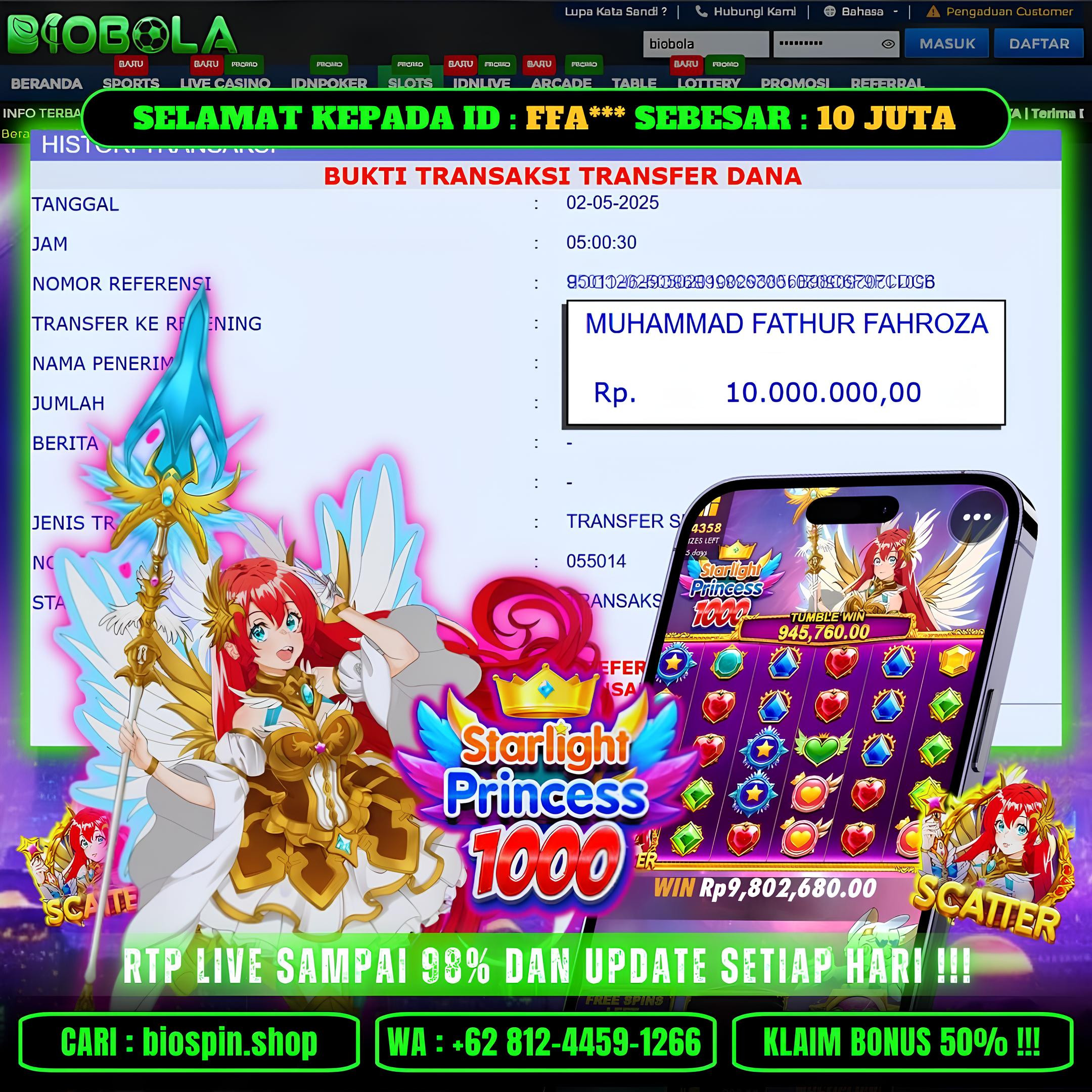 BIOBOLA  - JACKPOT DI GAME STARLIGHT PRINCES 1000  SEBESAR RP 10JT DIBAYAR LUNAS