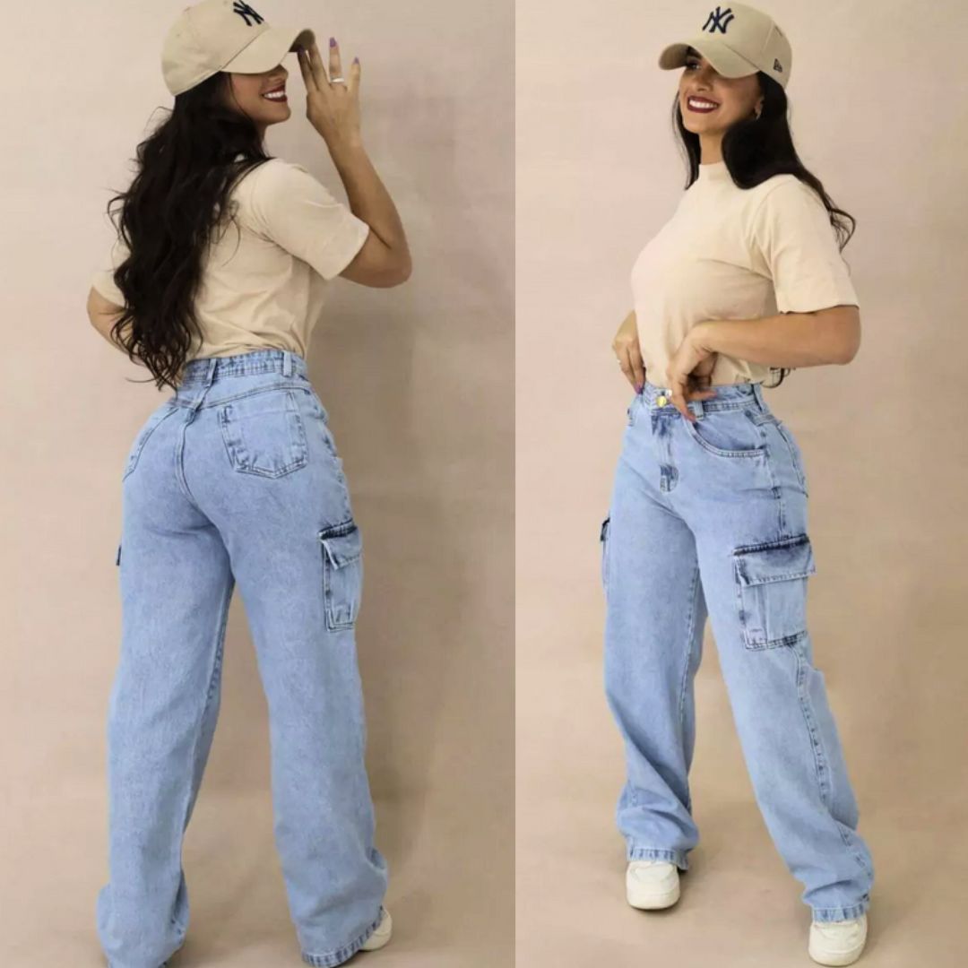 Calça Jeans Feminina Cargo Levanta Bumbum Cintura Alta