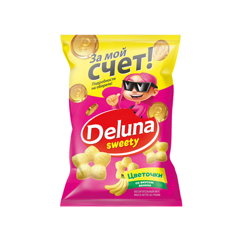 4640238870318 СНЕКИ КУКУРУЗНЫЕ DELUNA ЦВЕТОЧКИ СО ВКУСОМ БАНАНА 85 Г ПАК..png