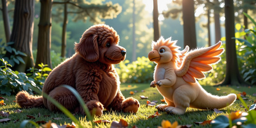 A whimsical and adorable scene featuring Big Belly Bob a dark brown oversized plush labradoodle with.jpg