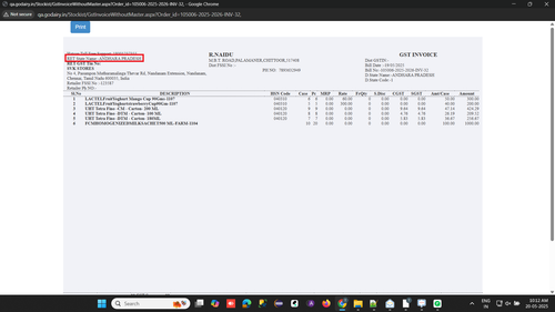 R1 R6. Order Bill Print Retailer State is 'Tamil Nadu' but it is showing as 'Andra pradesh'.png