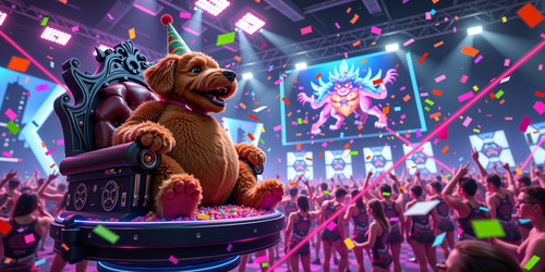 A spectacular cyberpunk birthday rave featuring Big Belly Bob the plush reddish brown labradoodle wi.jpg