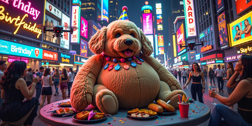 A whimsical scene featuring Big Belly Bob a plush labradoodle with an absurdly large and bouncy bell.jpg