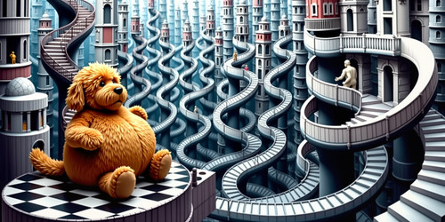  A bewildering Escher esque landscape where Big Belly Bob the perplexed plush labradoodle sits amids.jpg