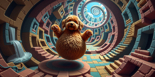  A dizzying Escher esque panorama where Big Belly Bob the utterly disoriented plush labradoodle find.jpg