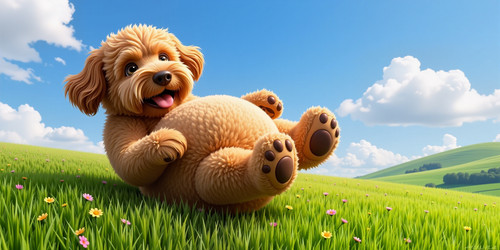 A plush labradoodle with an absurdly large spherical belly often sitting like a teddy bear rolling d.jpg