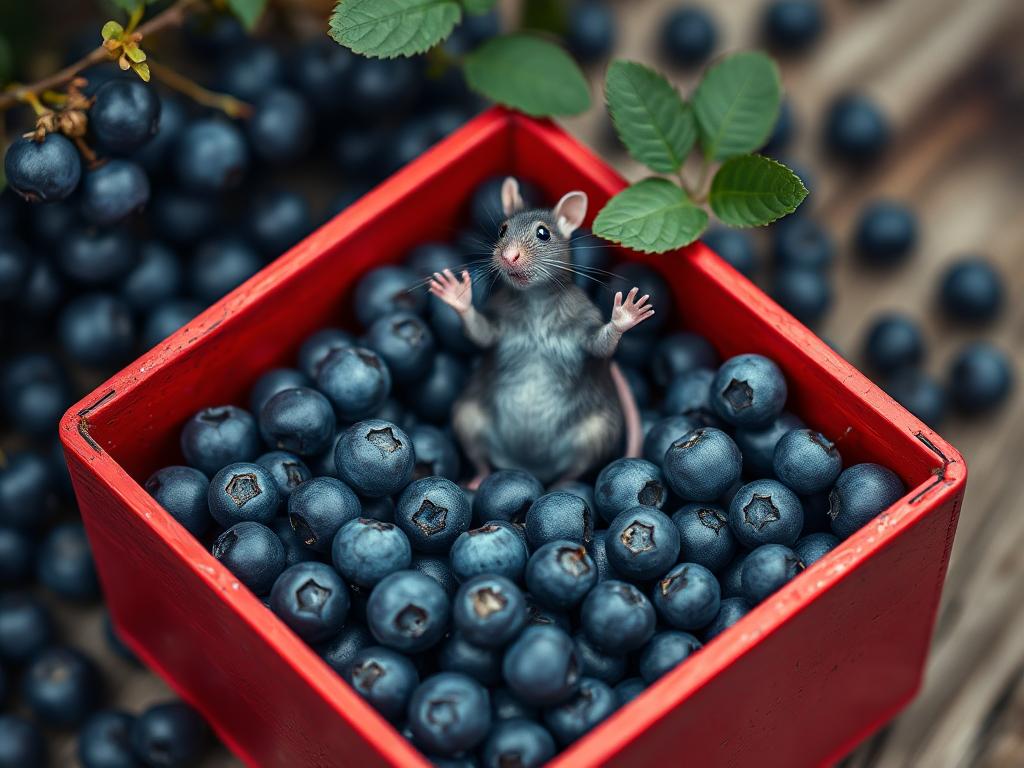 A red box of blue berries with a rat dancing inside
