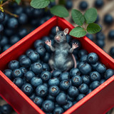 www.naked-ai.art - A red box of blue berries with a rat dancing inside