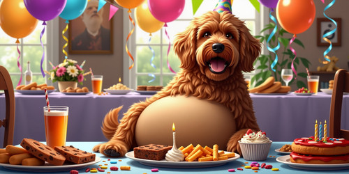A realistic depiction of a labradoodle with a notably large rounded belly positioned as the center o.jpg