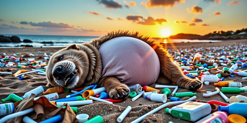 A striking and somewhat disturbing image of Big Belly Bob lying on a beach surrounded by scattered p.1