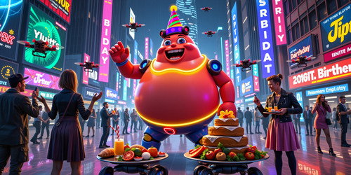 A vibrant futuristic cyberpunk themed birthday party featuring Big Belly Bob as the joyous centerpie.jpg