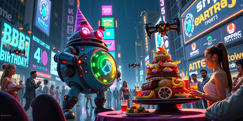 A vibrant futuristic cyberpunk themed birthday party featuring BBB as the joyous centerpiece The sce.jpg