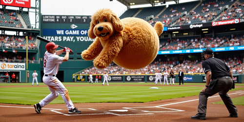  A dramatic baseball scene where a powerful batter hits a plush labradoodle with an absurdly large s.jpg