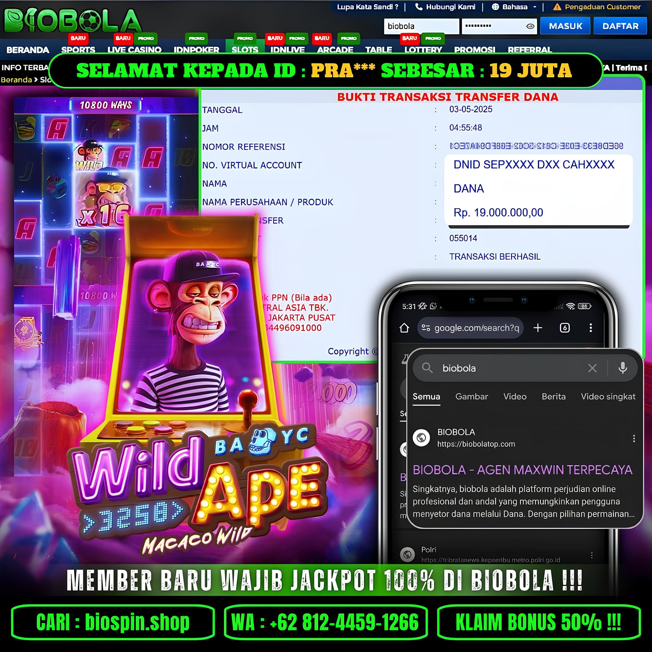 BIOBOLA  - JACKPOT DI GAME WILD APE SEBESAR RP 19JT DIBAYAR LUNAS