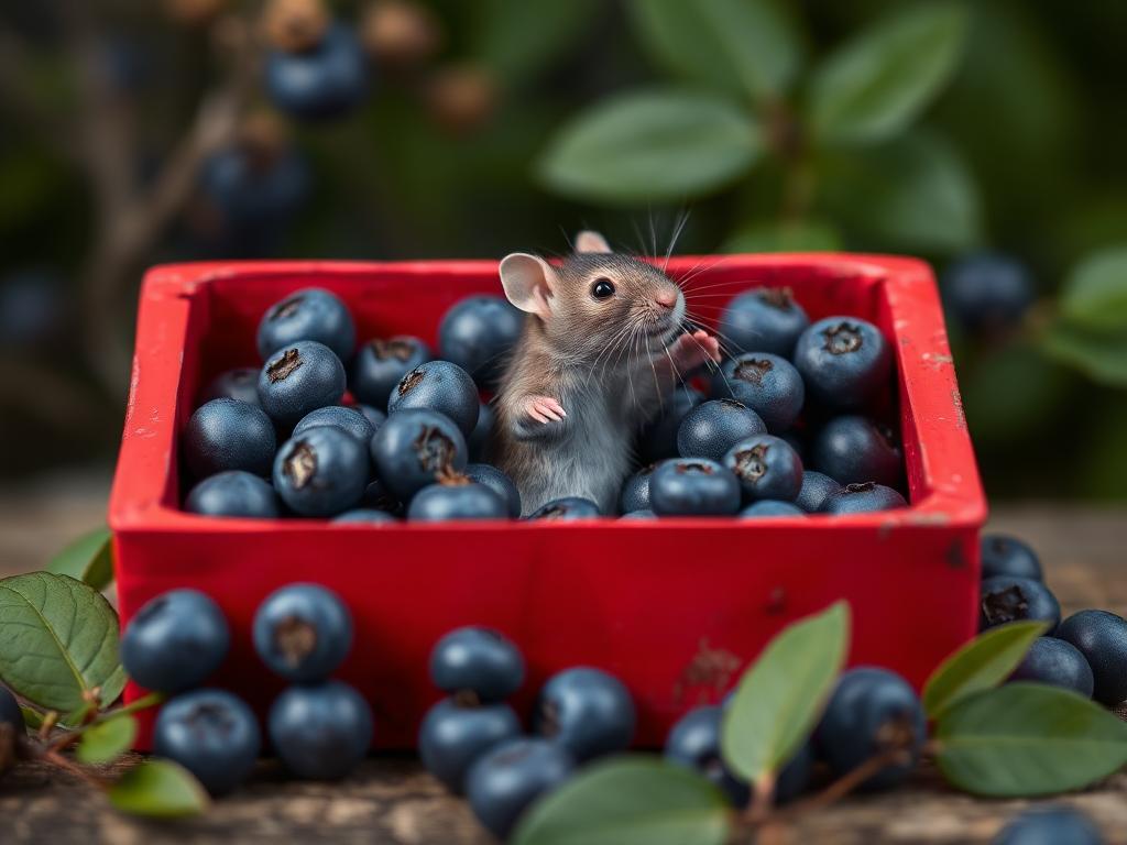 A red box of blue berries with a rat dancing inside