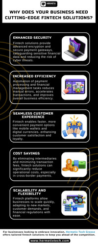 Enhanced Security

Fintech solutions provide advanced encryption and secure payment gateways, safeguarding sensitive financial data and reducing the risk of cyber threats.

Increased Efficiency

Automation of payment processing and financial management tasks reduces manual errors, accelerates transactions, and improves overall business efficiency.

Seamless Customer Experience

Fintech enables faster, more convenient payment options like mobile wallets and digital currencies, enhancing customer satisfaction and loyalty.

Cost Savings

By eliminating intermediaries and minimizing transaction fees, fintech solutions can significantly reduce operational costs, especially in cross-border payments.

Scalability and Flexibility

Fintech platforms allow businesses to scale quickly, adapting to new markets, customer demands, and financial regulations with ease.

For businesses looking to embrace innovation, Hermetix Tech  Greece offers tailored fintech solutions to keep you ahead of the competition.

https://www.hermetixtech.com/