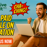 Create a 16 9 banner ad featuring a happy man on a beach with a laptop. Show his surprised reaction 