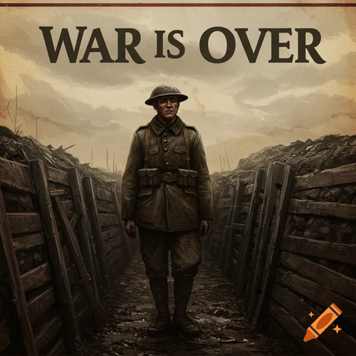 craiyon 213612 WWI soldier Standing in a trench by himself Title above his head reads War is Over.png