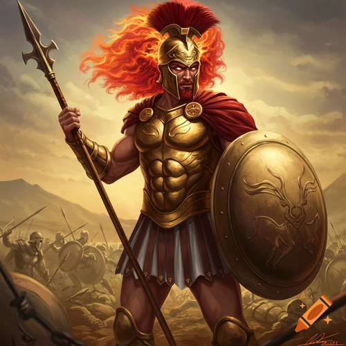 craiyon 084956 The Greek god of war Ares in full battle armor with a red fiery hair with a spear and.png