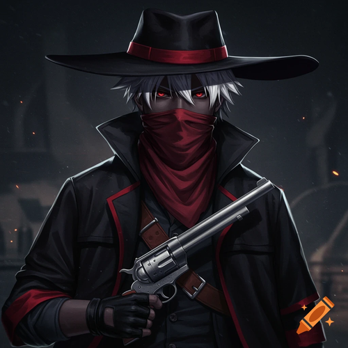 craiyon 085420 Black anime boy has white hair and red eyes outlaw outfits hat mask gloves one gun re.png